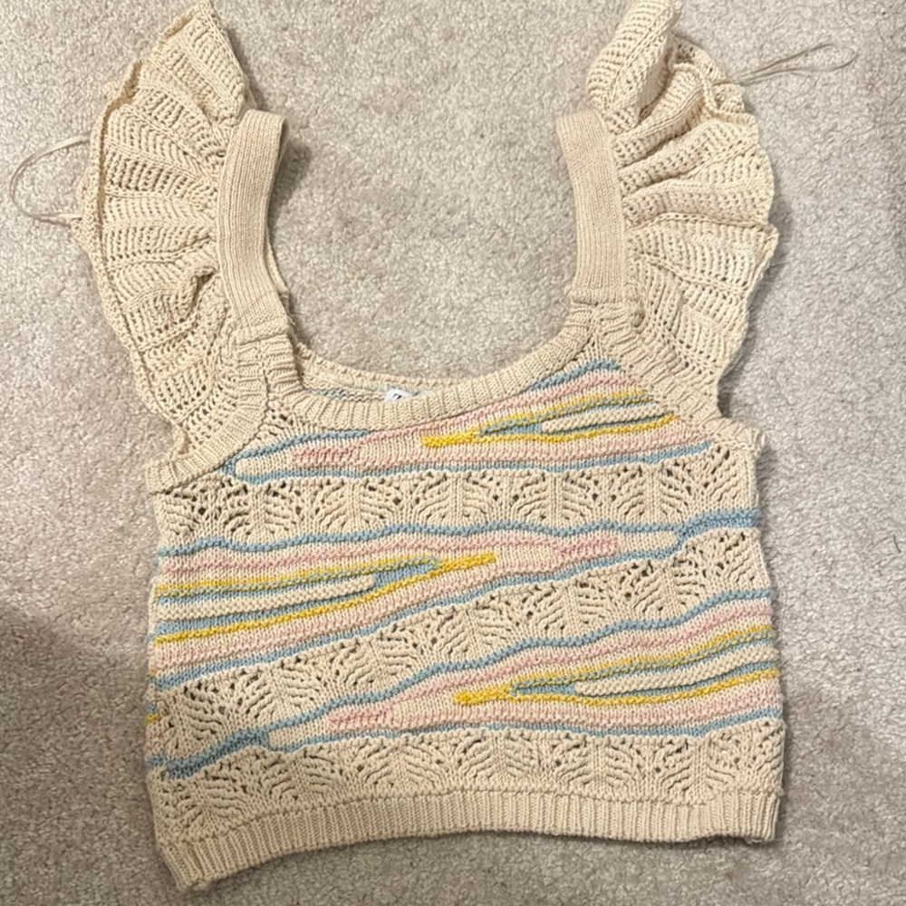 Zara Cream and Blue Ruffled Cropped Tank Top